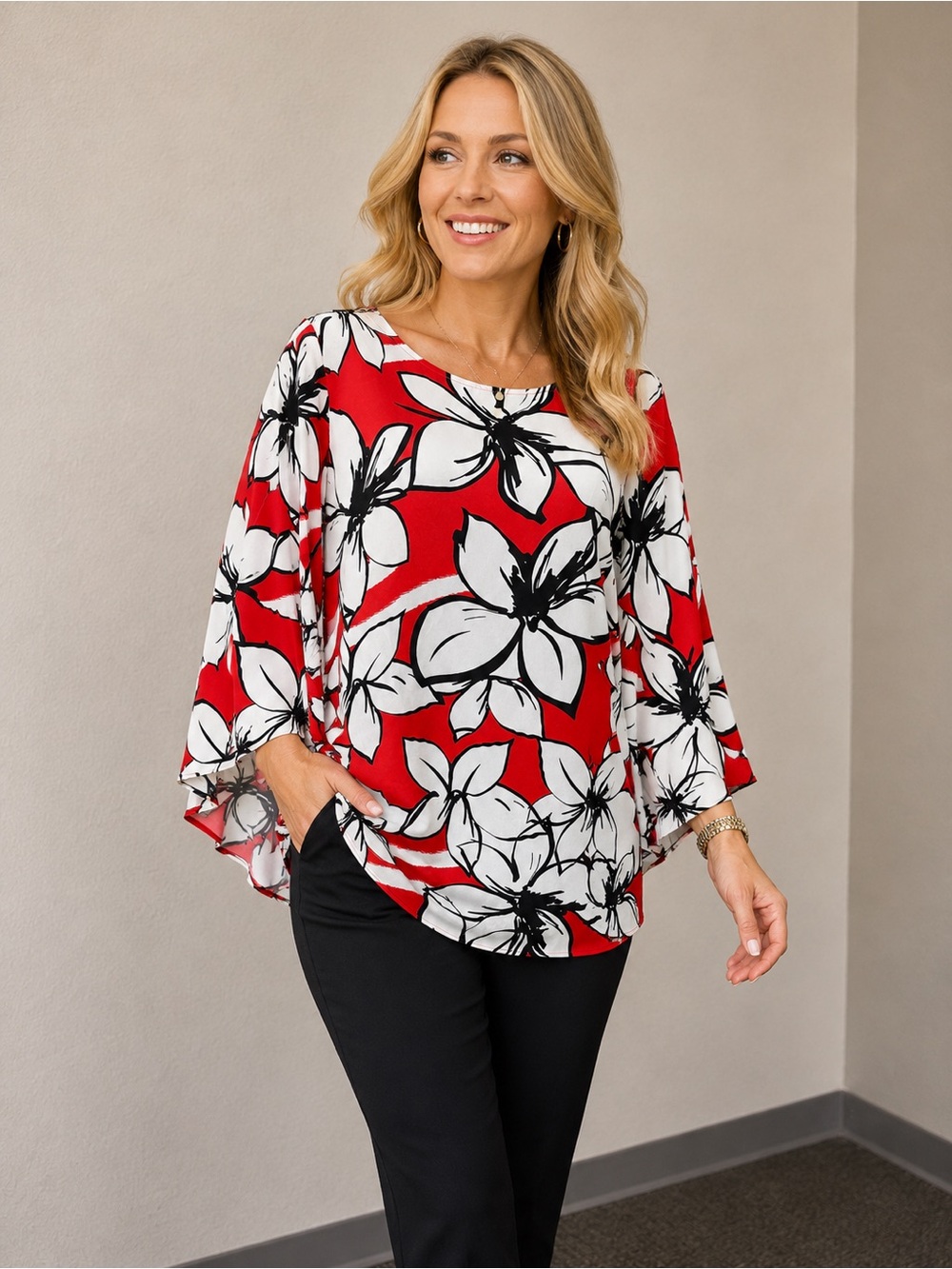 Valerie Stevens Floral Bell Sleeve Blouse Red White Black Tropical Medium